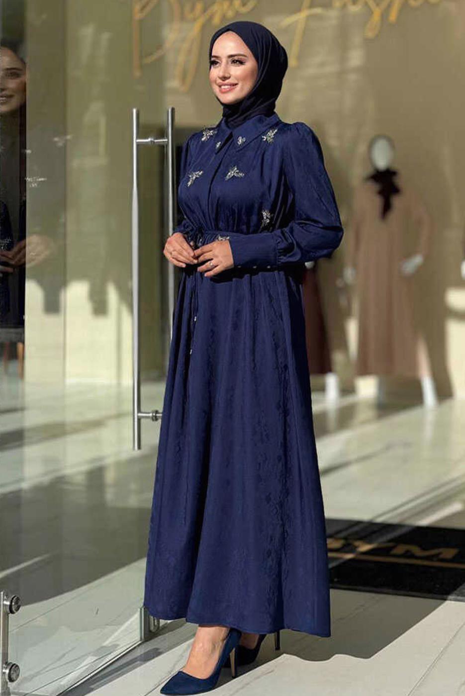 Tesettür giyim LACİVERT TAŞLI JAKAR ELBİSE T 4293