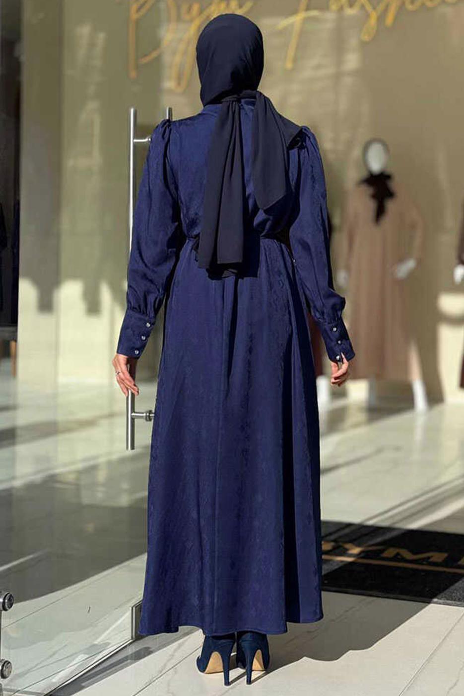 Tesettür giyim LACİVERT TAŞLI JAKAR ELBİSE T 4293