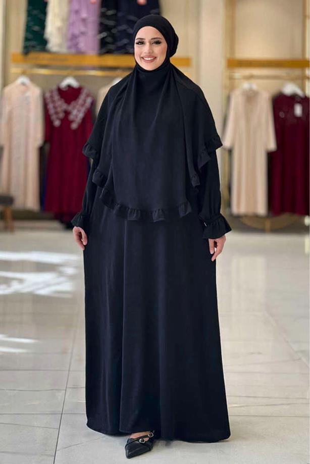 Tesettür giyim SİYAH FIRFIRLI NAMAZ ELBİSESİ T 4306 - TRENDTESETTÜR