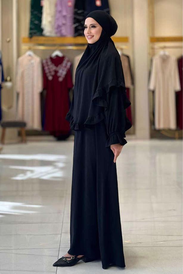 Tesettür giyim SİYAH FIRFIRLI NAMAZ ELBİSESİ T 4306 - TRENDTESETTÜR