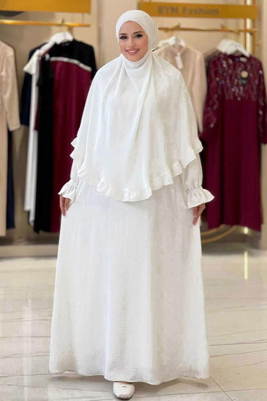 Tesettür giyim EKRU FIRFIRLI NAMAZ ELBİSESİ T 4306