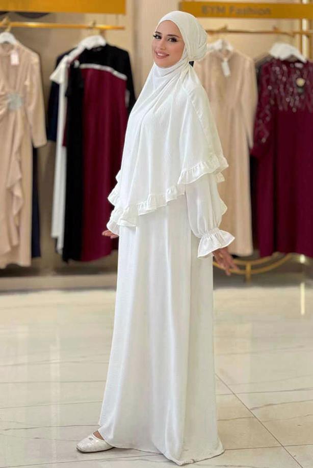 Tesettür giyim EKRU FIRFIRLI NAMAZ ELBİSESİ T 4306 - TRENDTESETTÜR