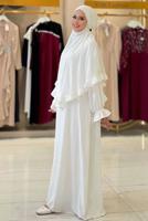 Tesettür giyim EKRU FIRFIRLI NAMAZ ELBİSESİ T 4306