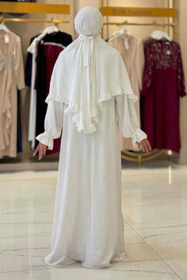 Tesettür giyim EKRU FIRFIRLI NAMAZ ELBİSESİ T 4306 - TRENDTESETTÜR