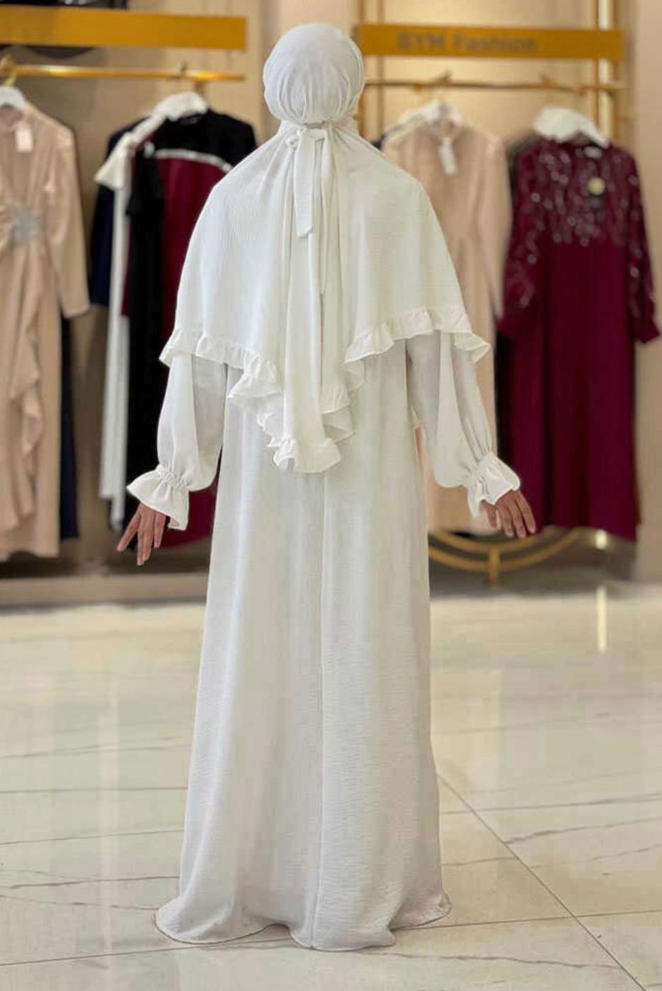 Tesettür giyim EKRU FIRFIRLI NAMAZ ELBİSESİ T 4306