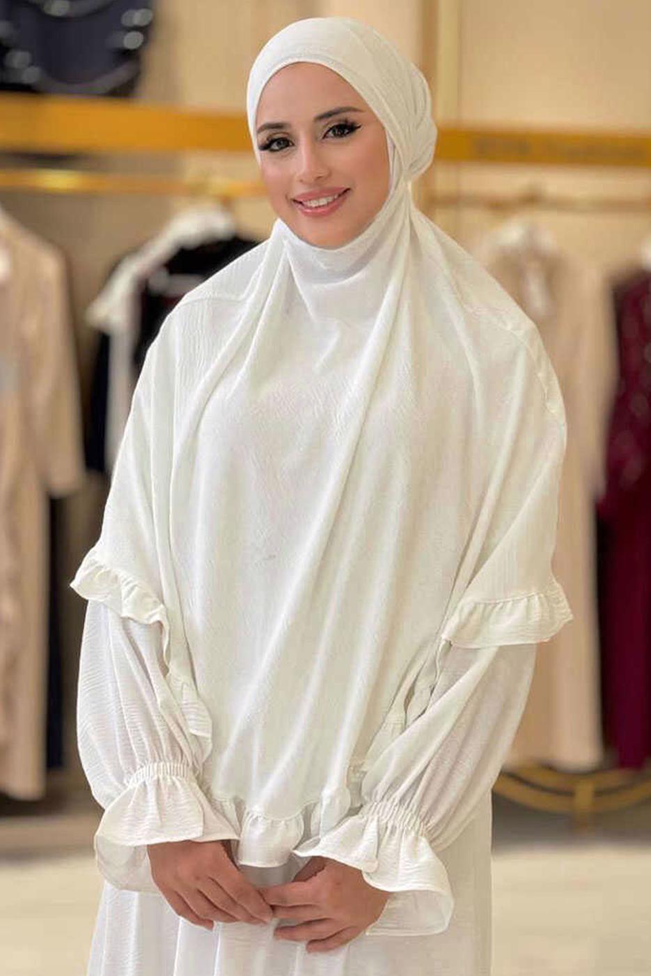 Tesettür giyim EKRU FIRFIRLI NAMAZ ELBİSESİ T 4306