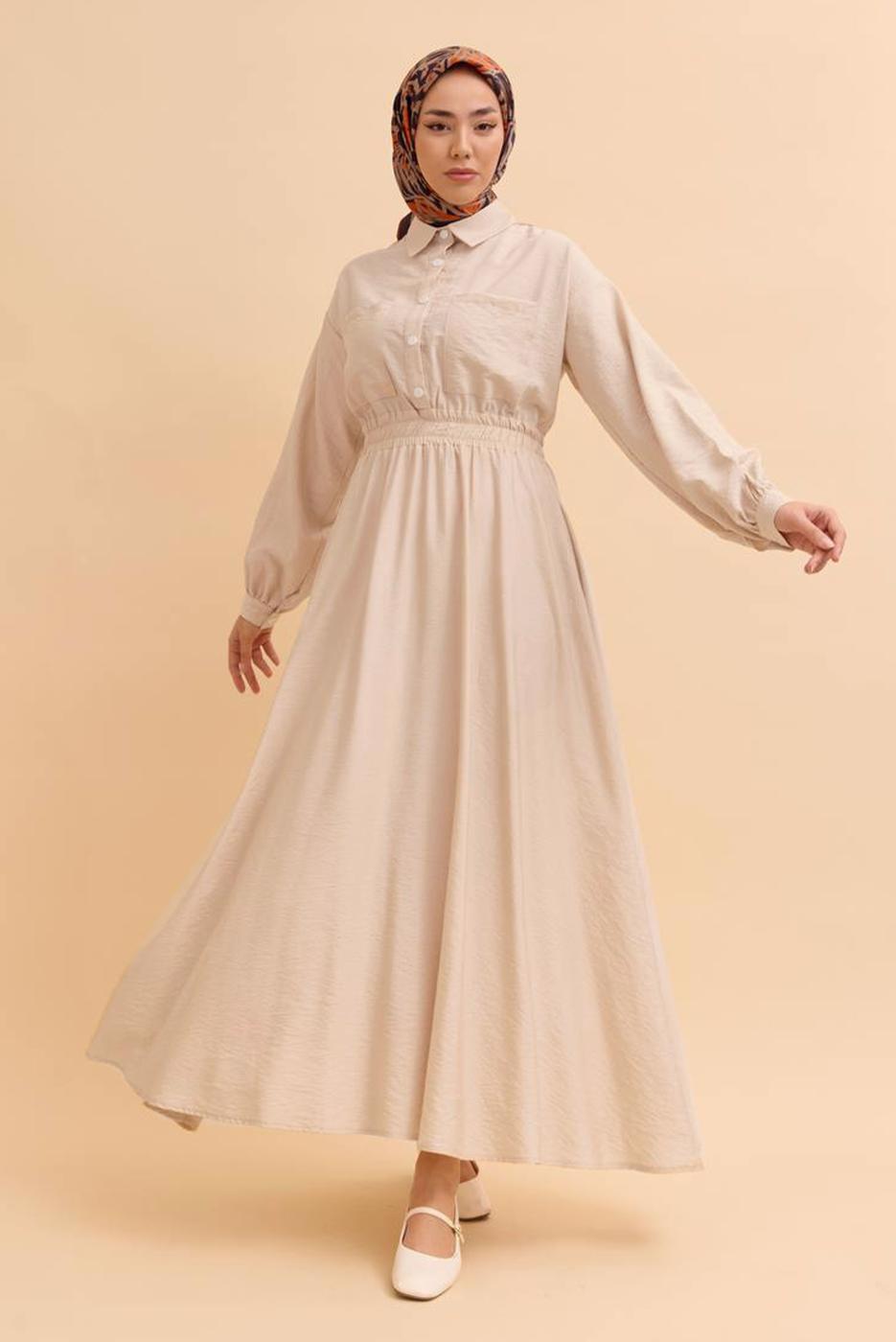 Tesettür giyim BEJ GÖMLEK YAKA ELBİSE T 45542
