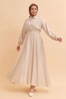 Tesettür giyim BEJ GÖMLEK YAKA ELBİSE T 45542