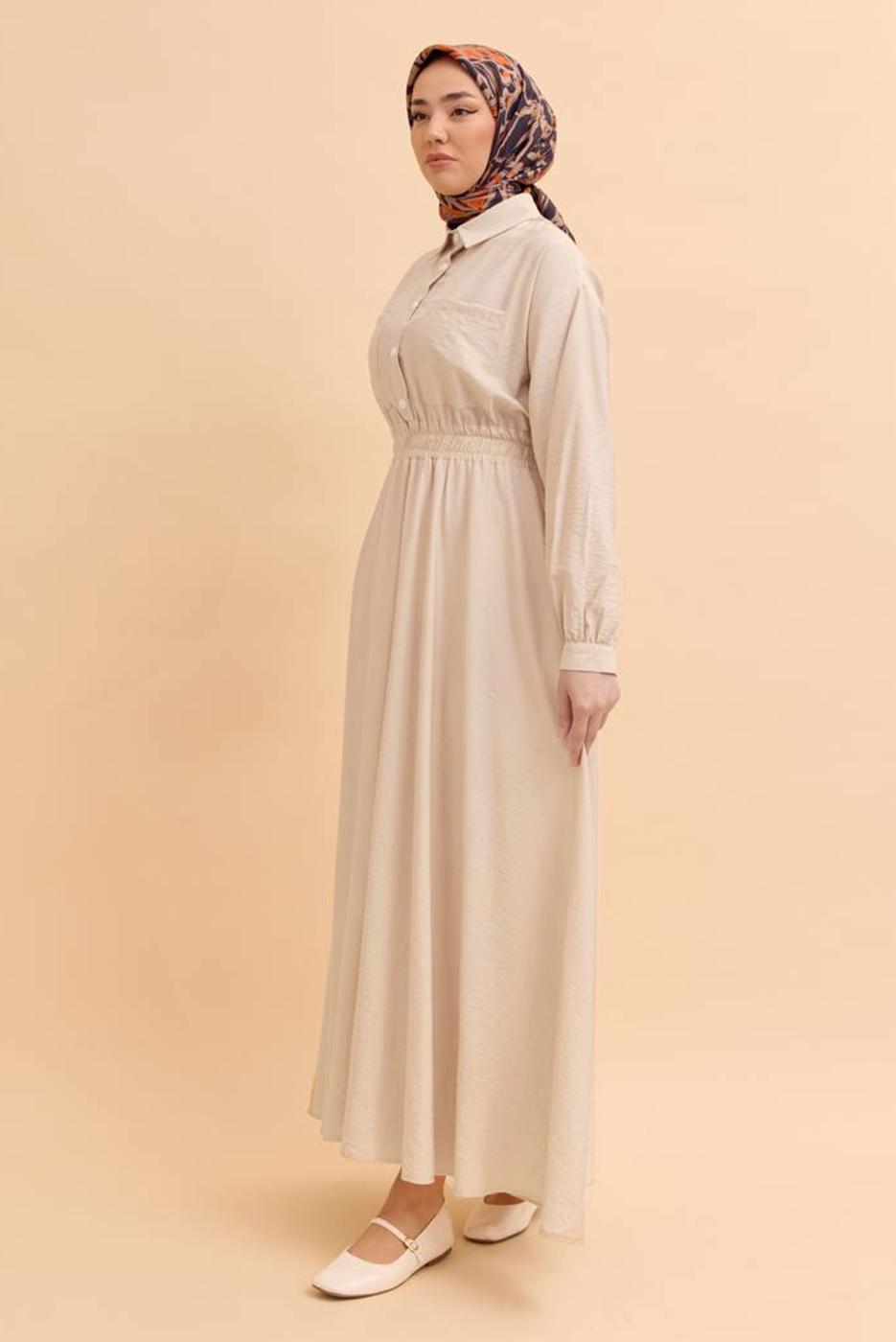 Tesettür giyim BEJ GÖMLEK YAKA ELBİSE T 45542