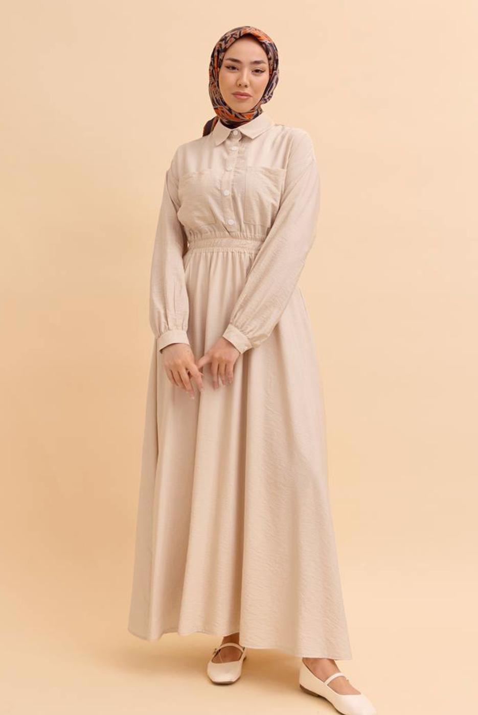 Tesettür giyim BEJ GÖMLEK YAKA ELBİSE T 45542
