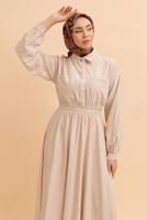 Tesettür giyim BEJ GÖMLEK YAKA ELBİSE T 45542