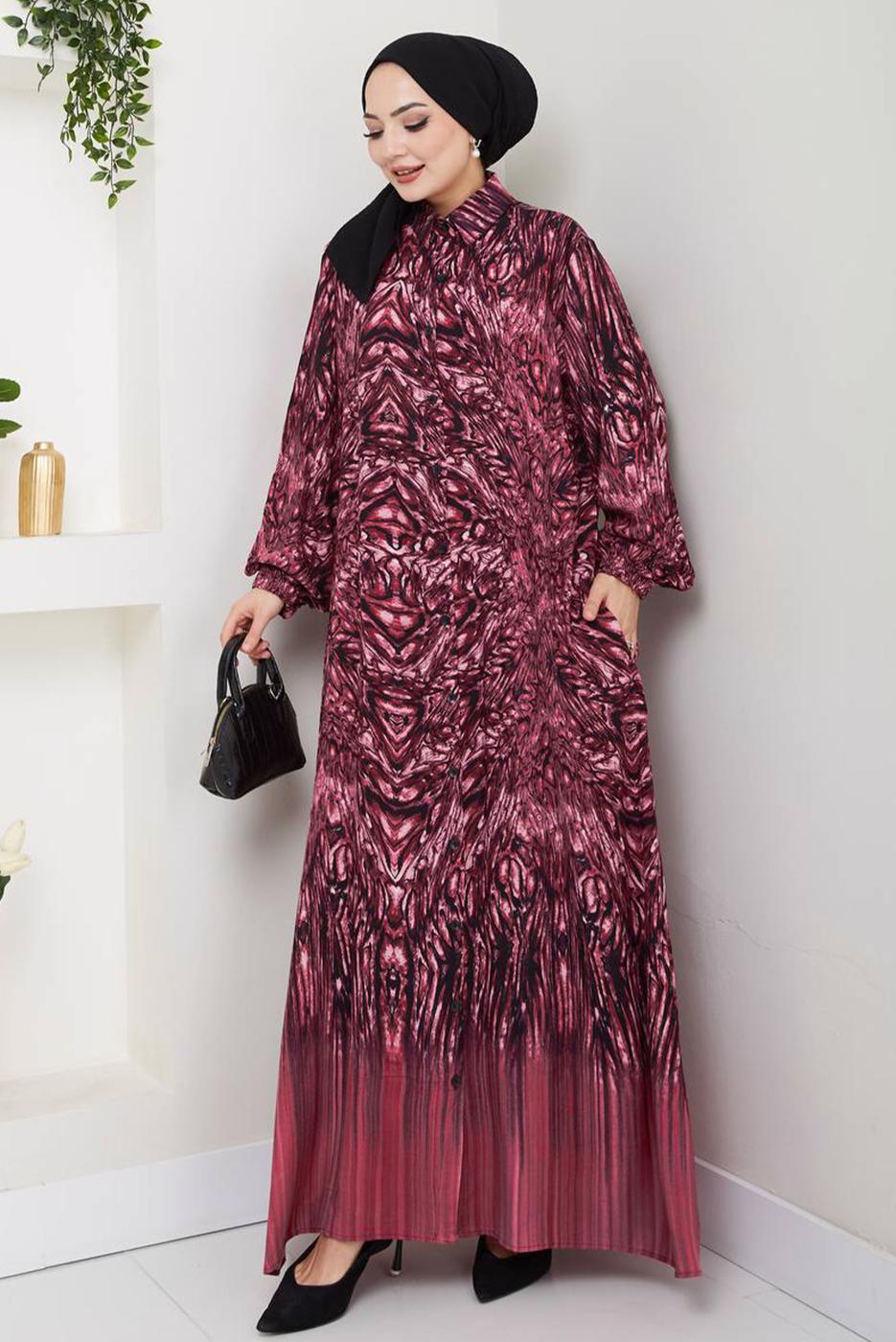Tesettür giyim BORDO DESENLİ ELBİSE T 4567