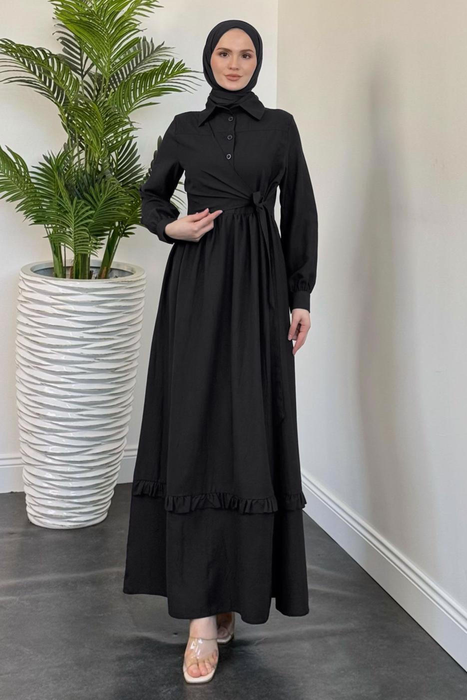 Tesettür giyim SİYAH BAĞLAMA DETAYLI ELBİSE T 5026