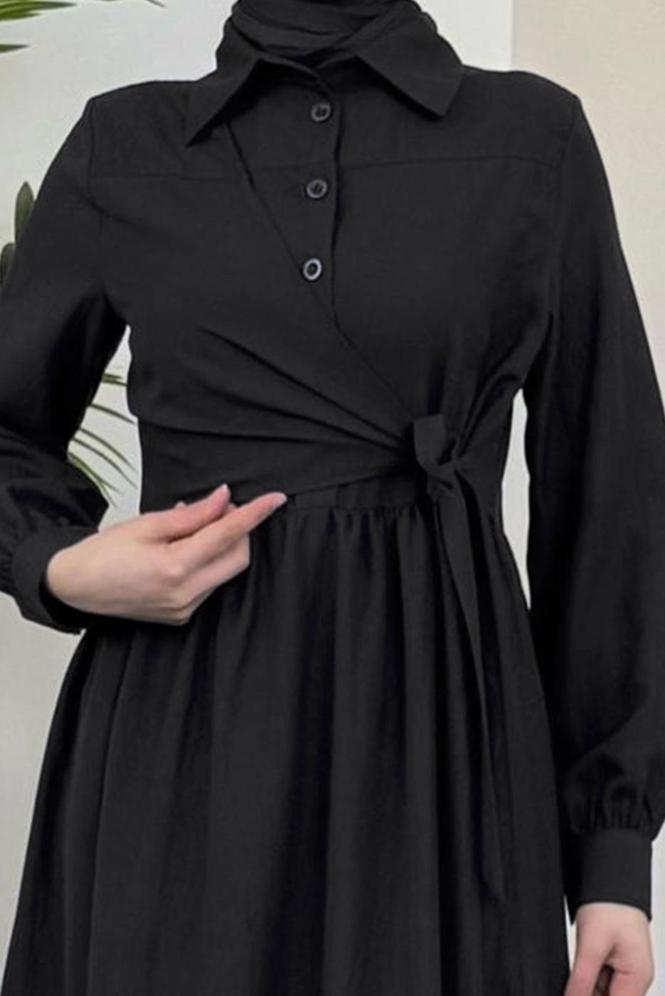 Tesettür giyim SİYAH BAĞLAMA DETAYLI ELBİSE T 5026