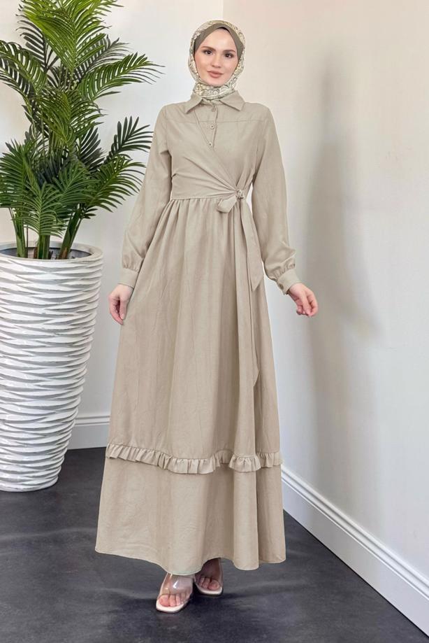 Tesettür giyim BEJ BAĞLAMA DETAYLI ELBİSE T 5026 - TRENDTESETTÜR