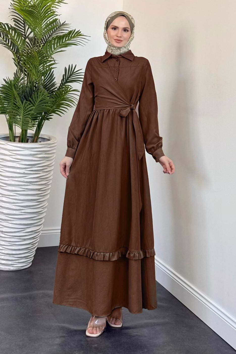 Tesettür giyim KAHVE BAĞLAMA DETAYLI ELBİSE T 5026