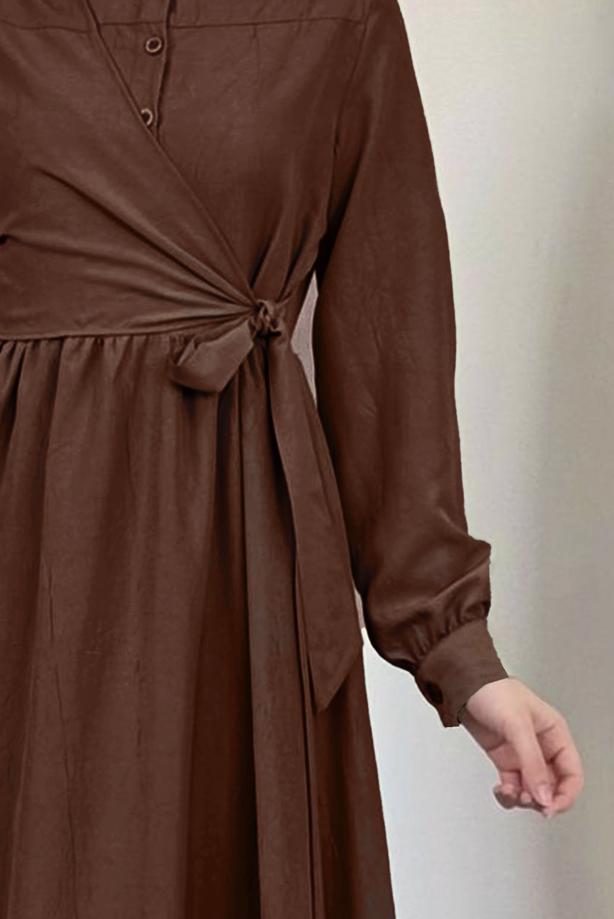 Tesettür giyim KAHVE BAĞLAMA DETAYLI ELBİSE T 5026 - TRENDTESETTÜR