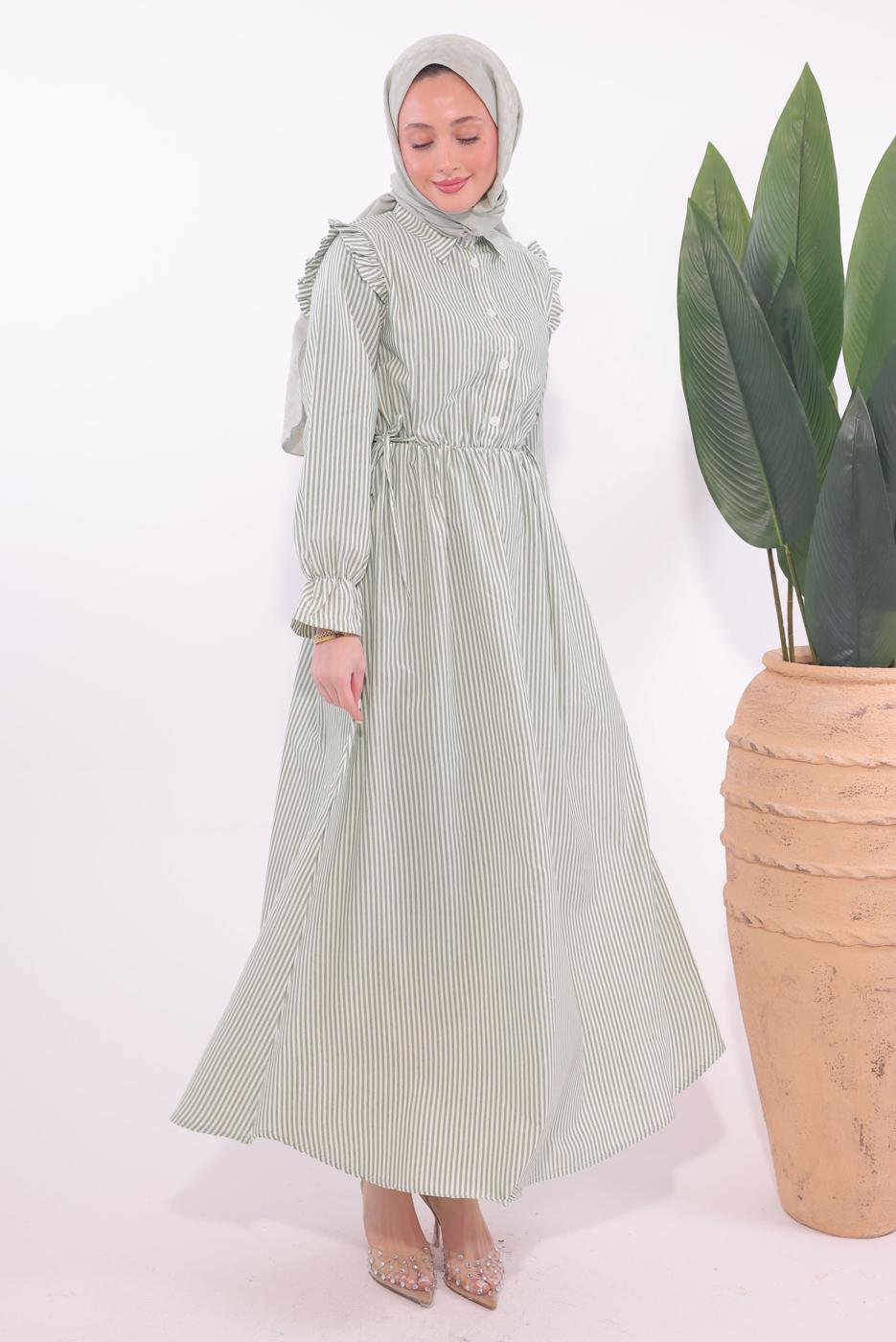 Tesettür giyim YEŞİL ÇİZGİLİ ELBİSE T 5174