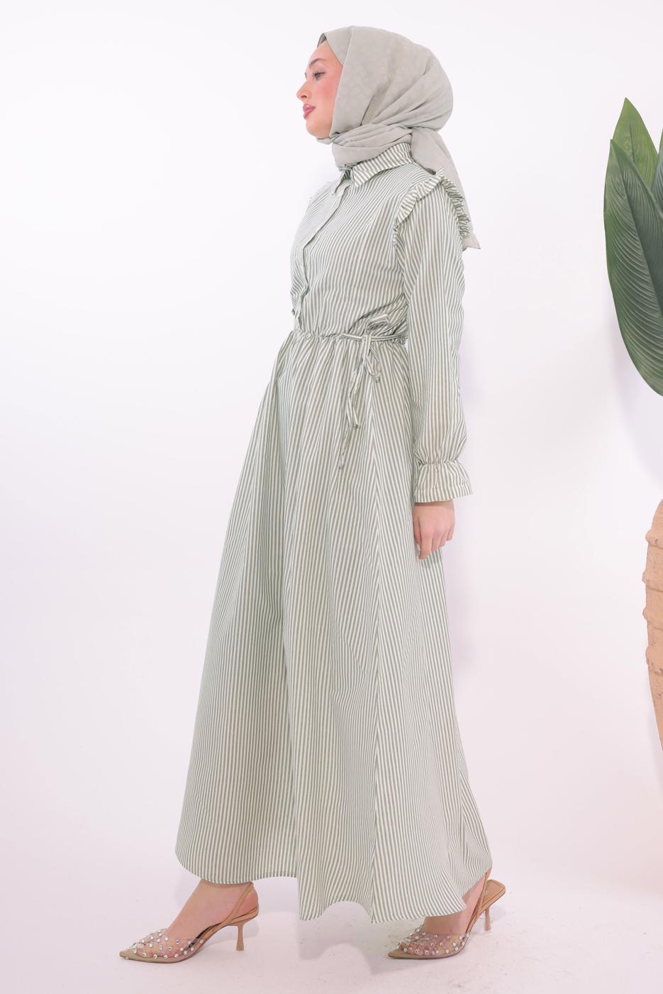 Tesettür giyim YEŞİL ÇİZGİLİ ELBİSE T 5174