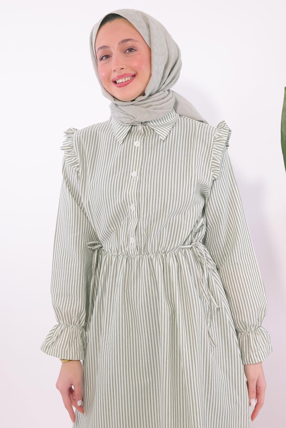 Tesettür giyim YEŞİL ÇİZGİLİ ELBİSE T 5174