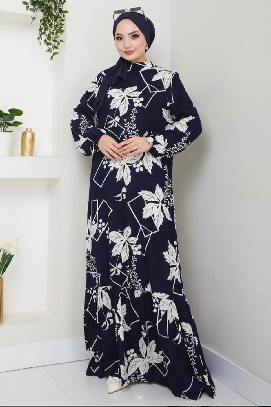Tesettür giyim LACİVERT DESENLİ ELBİSE T 5332