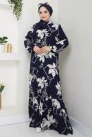 Tesettür giyim LACİVERT DESENLİ ELBİSE T 5332
