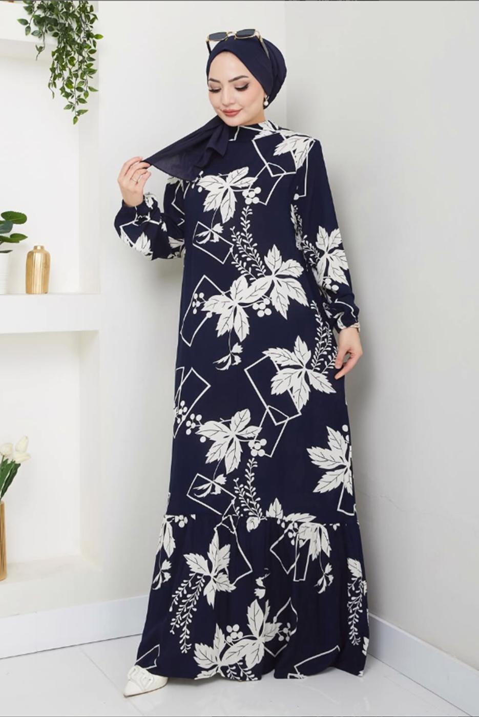 Tesettür giyim LACİVERT DESENLİ ELBİSE T 5332