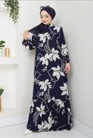 Tesettür giyim LACİVERT DESENLİ ELBİSE T 5332