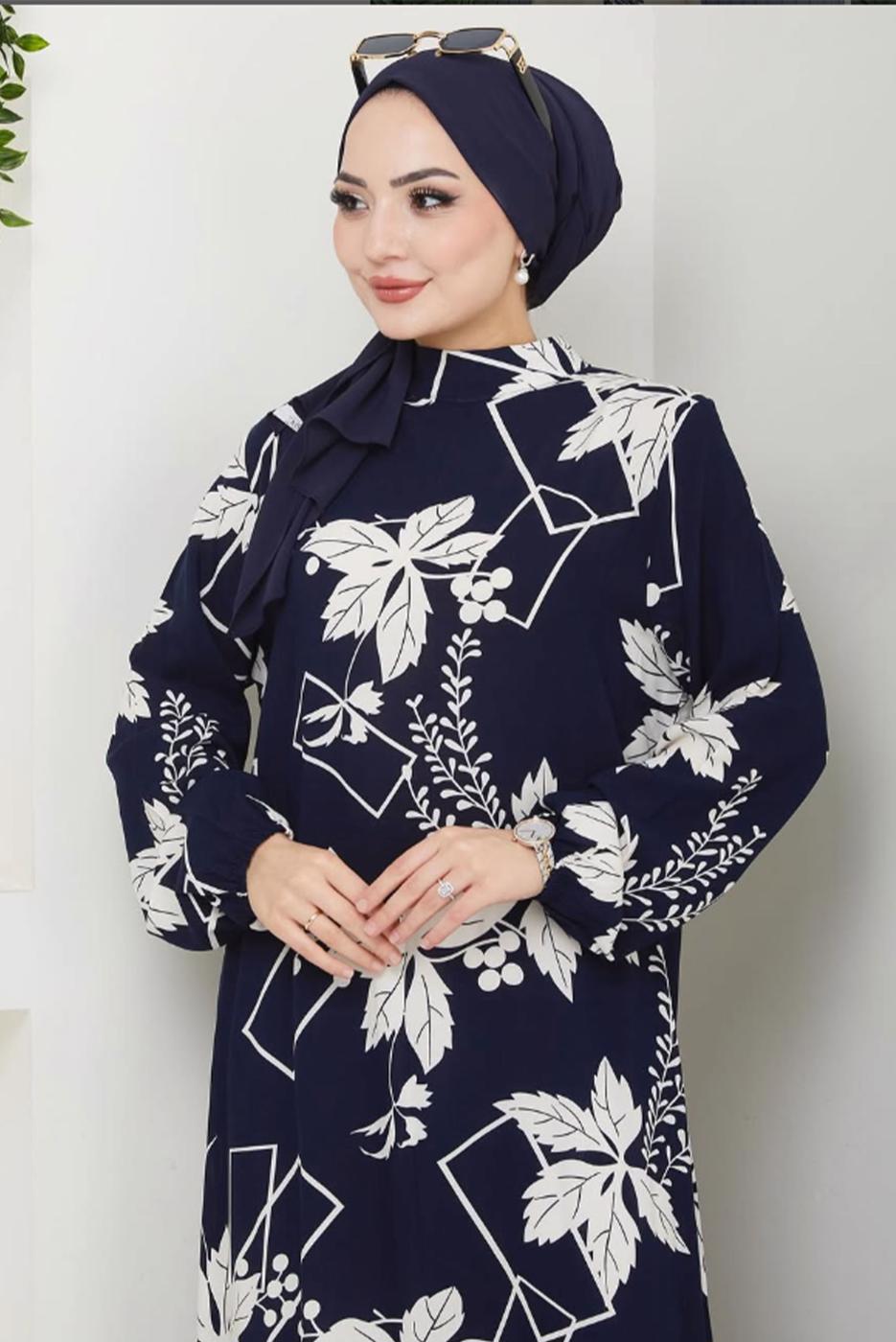 Tesettür giyim LACİVERT DESENLİ ELBİSE T 5332