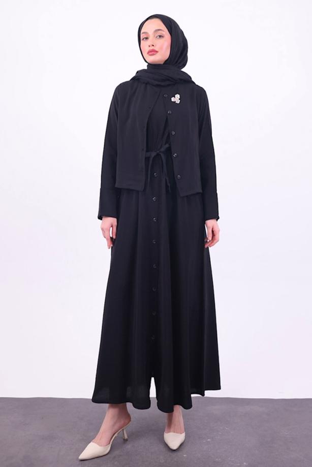 Tesettür giyim SİYAH KUŞAKLI CEKETLİ ELBİSE T 5384 - TRENDTESETTÜR