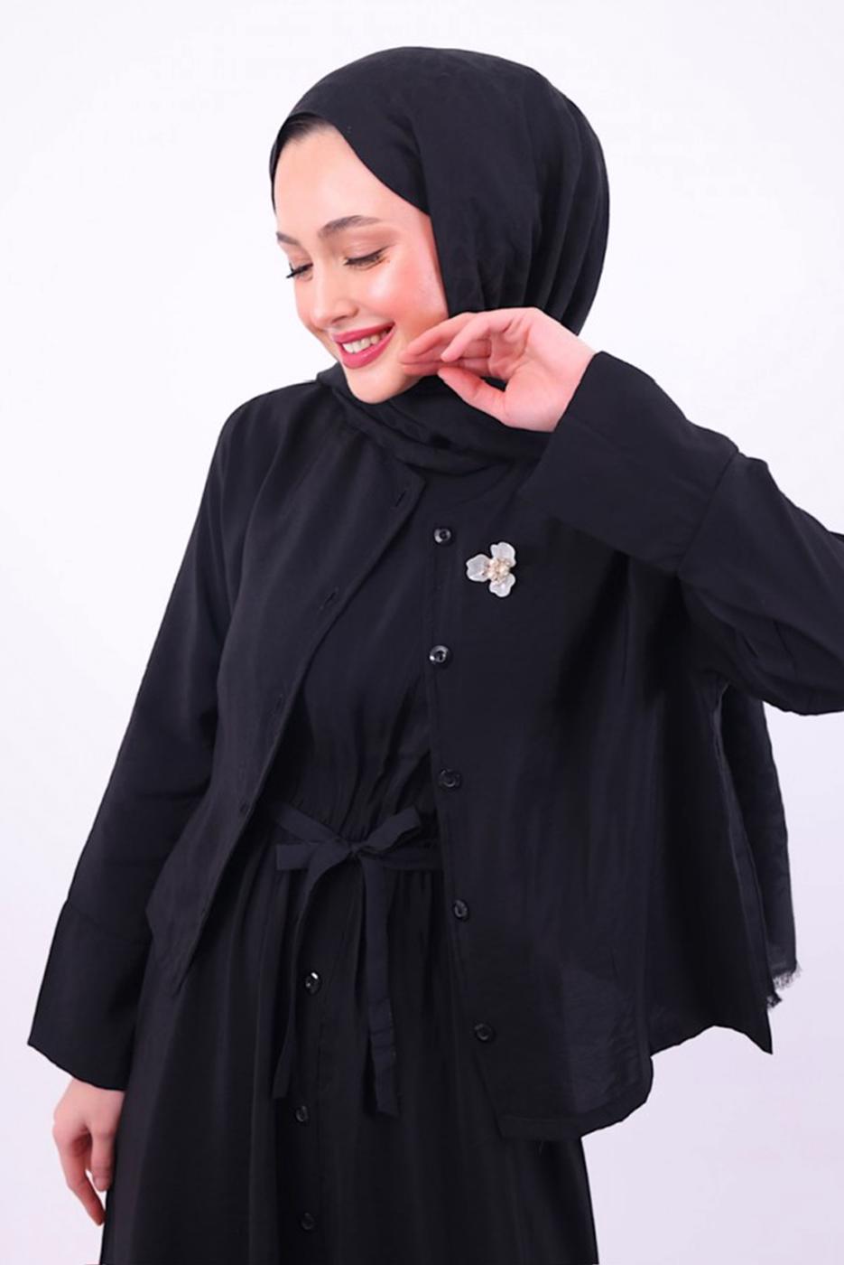 Tesettür giyim SİYAH KUŞAKLI CEKETLİ ELBİSE T 5384