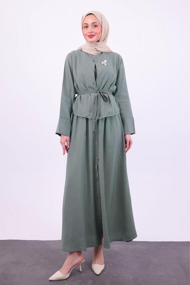 Tesettür giyim HAKİ KUŞAKLI CEKETLİ ELBİSE T 5384 - TRENDTESETTÜR