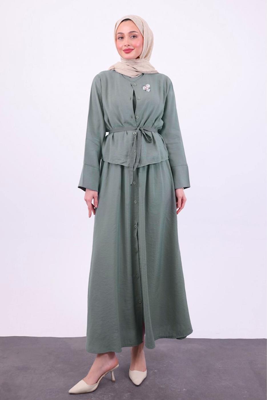 Tesettür giyim HAKİ KUŞAKLI CEKETLİ ELBİSE T 5384