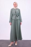 Tesettür giyim HAKİ KUŞAKLI CEKETLİ ELBİSE T 5384