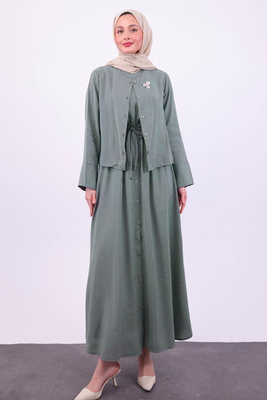 Tesettür giyim HAKİ KUŞAKLI CEKETLİ ELBİSE T 5384
