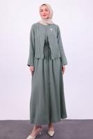 Tesettür giyim HAKİ KUŞAKLI CEKETLİ ELBİSE T 5384