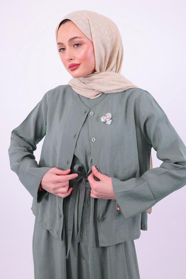 Tesettür giyim HAKİ KUŞAKLI CEKETLİ ELBİSE T 5384 - TRENDTESETTÜR