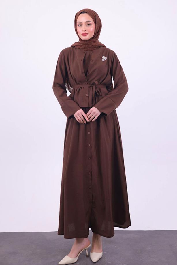 Tesettür giyim KAHVE KUŞAKLI CEKETLİ ELBİSE T 5384 - TRENDTESETTÜR