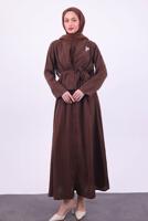 Tesettür giyim KAHVE KUŞAKLI CEKETLİ ELBİSE T 5384