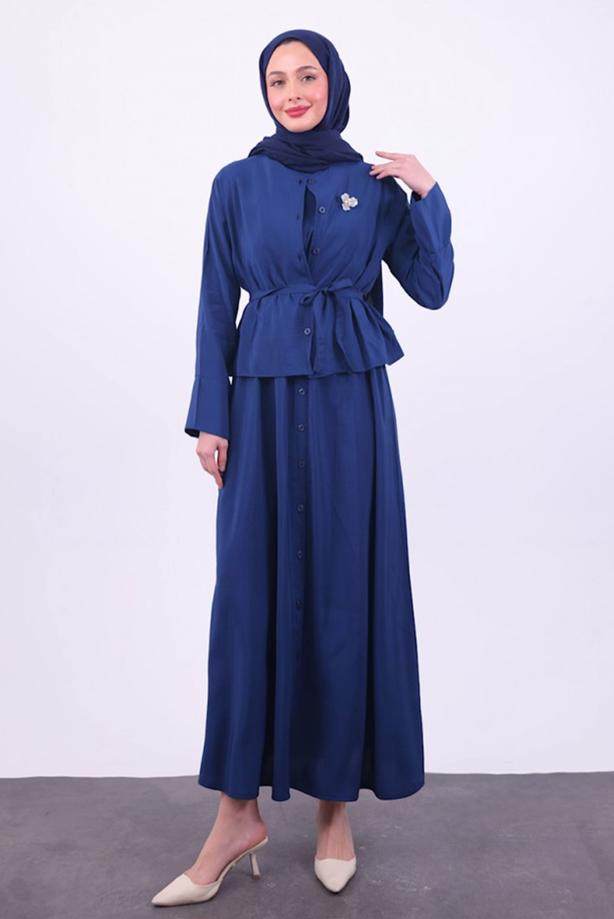 Tesettür giyim LACİVERT KUŞAKLI CEKETLİ ELBİSE T 5384 - TRENDTESETTÜR