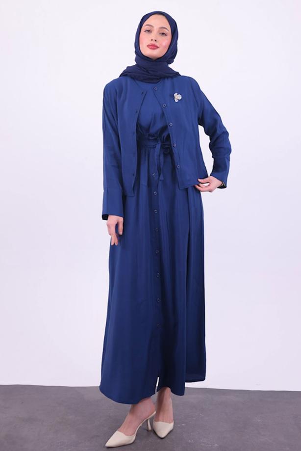 Tesettür giyim LACİVERT KUŞAKLI CEKETLİ ELBİSE T 5384 - TRENDTESETTÜR