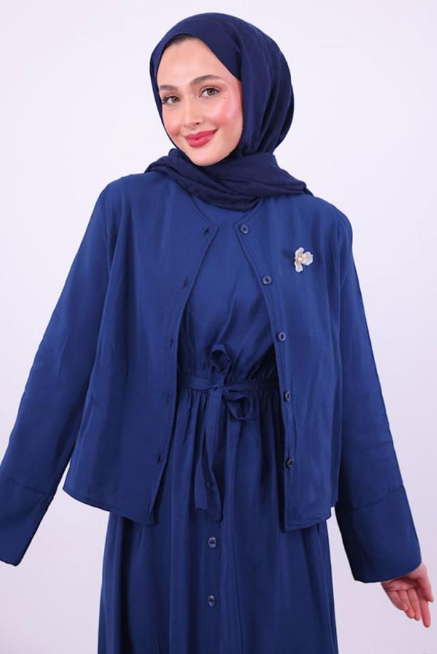 Tesettür giyim LACİVERT KUŞAKLI CEKETLİ ELBİSE T 5384 - TRENDTESETTÜR