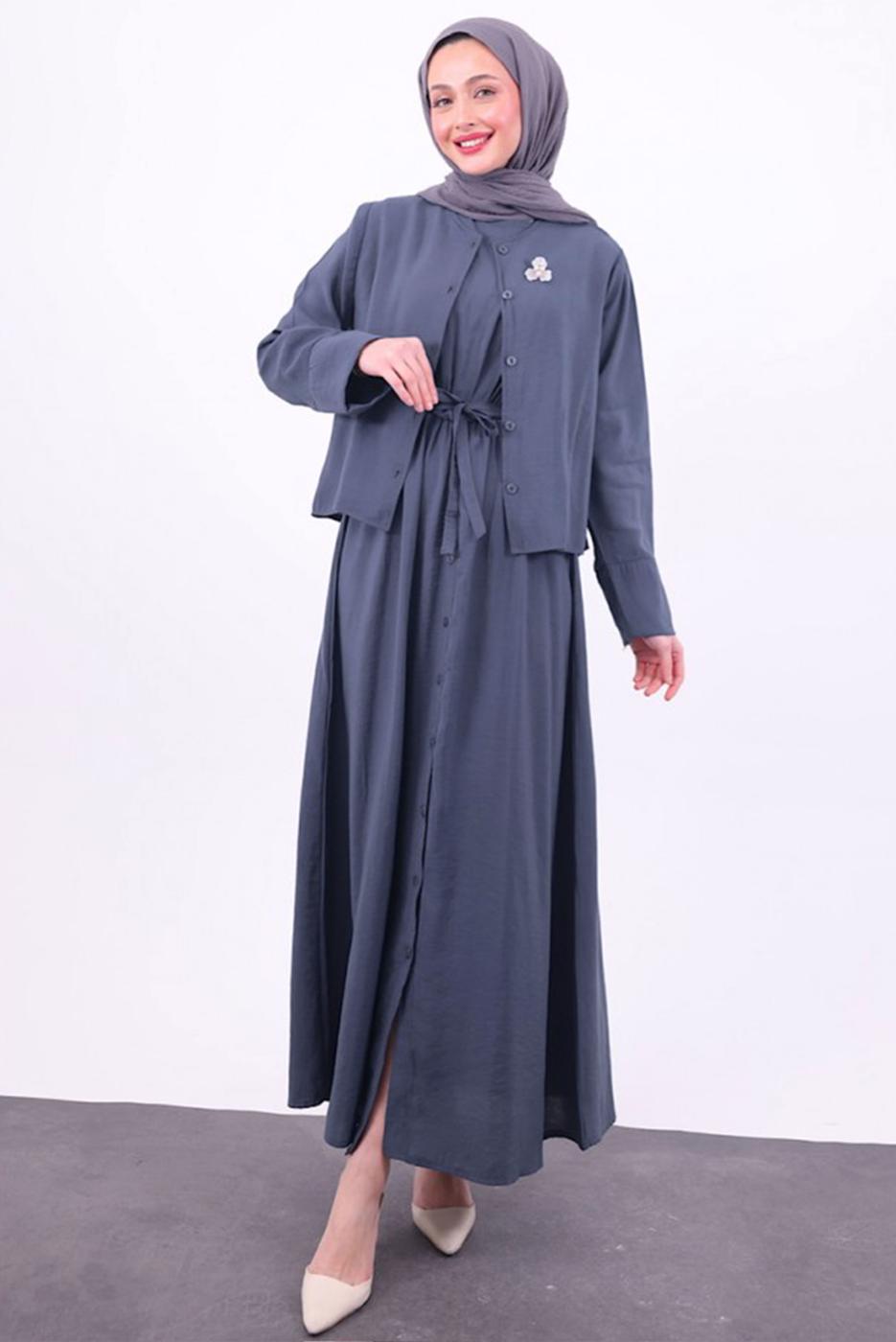 Tesettür giyim LACİVERT KUŞAKLI CEKETLİ ELBİSE T 5384