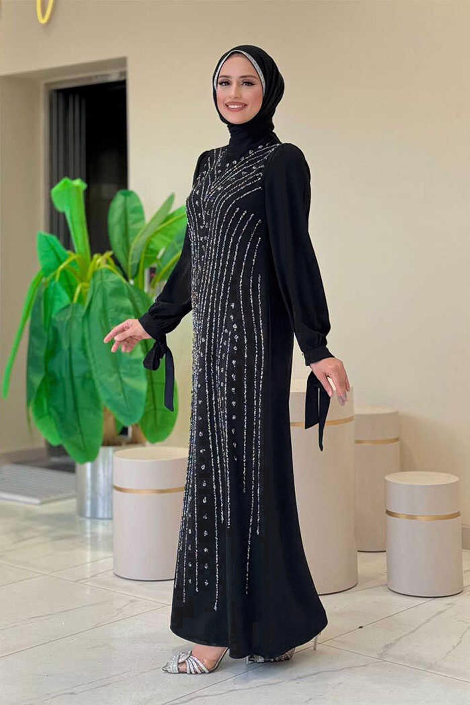 Tesettür giyim SİYAH TAŞLI ABİYE ELBİSE T 5393