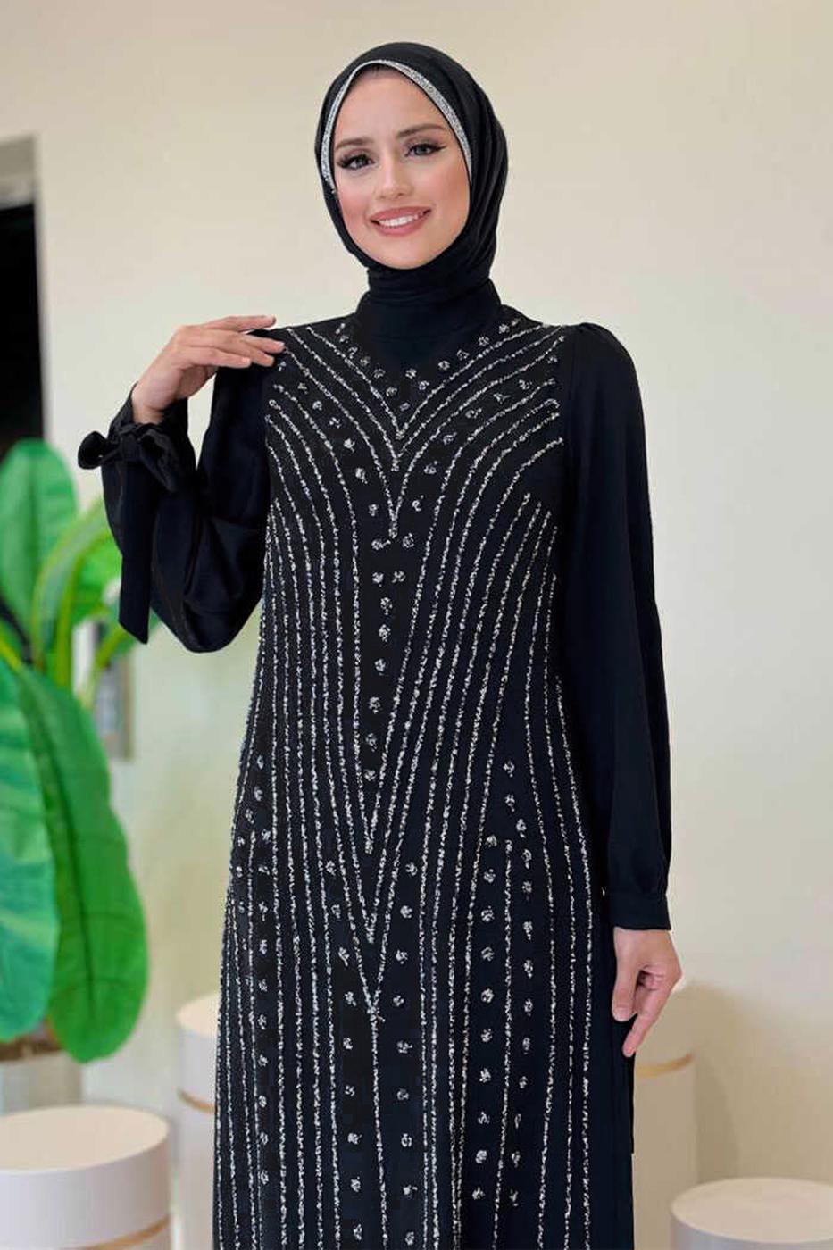 Tesettür giyim SİYAH TAŞLI ABİYE ELBİSE T 5393