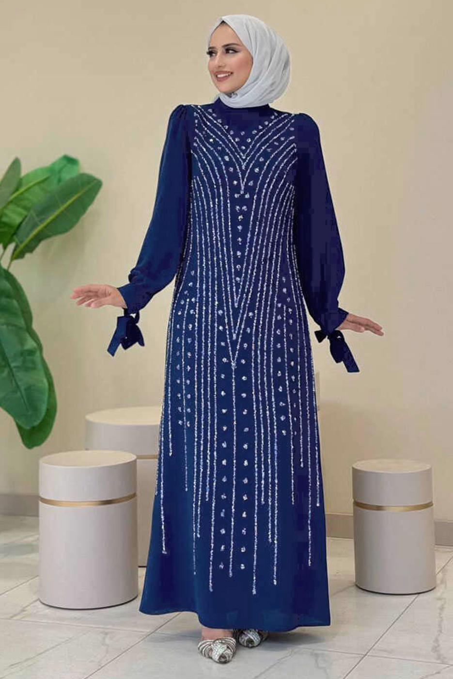 Tesettür giyim LACİVERT TAŞLI ABİYE ELBİSE T 5393