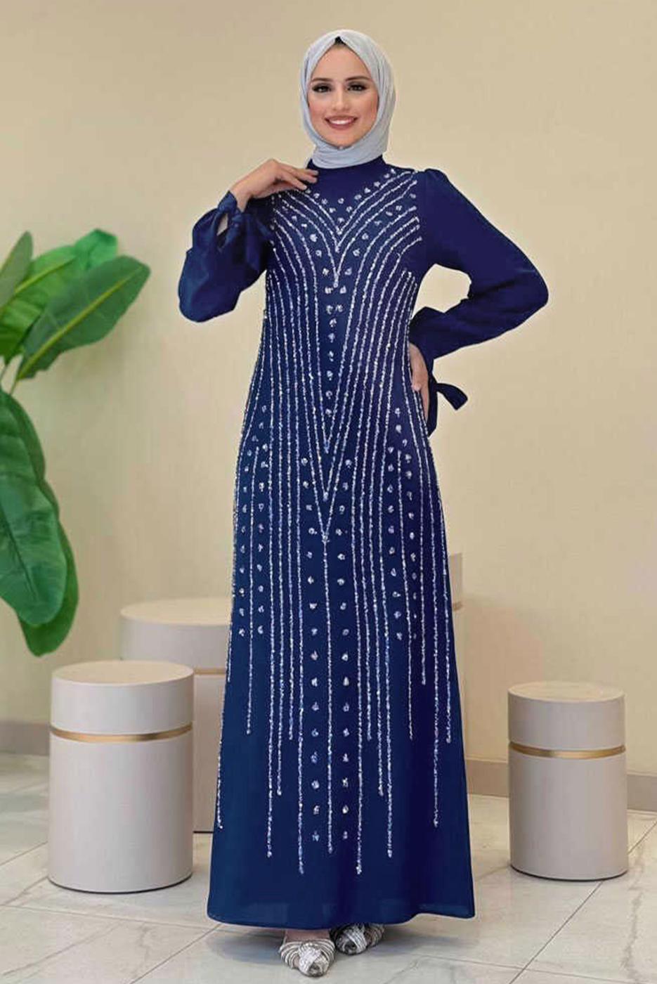 Tesettür giyim LACİVERT TAŞLI ABİYE ELBİSE T 5393