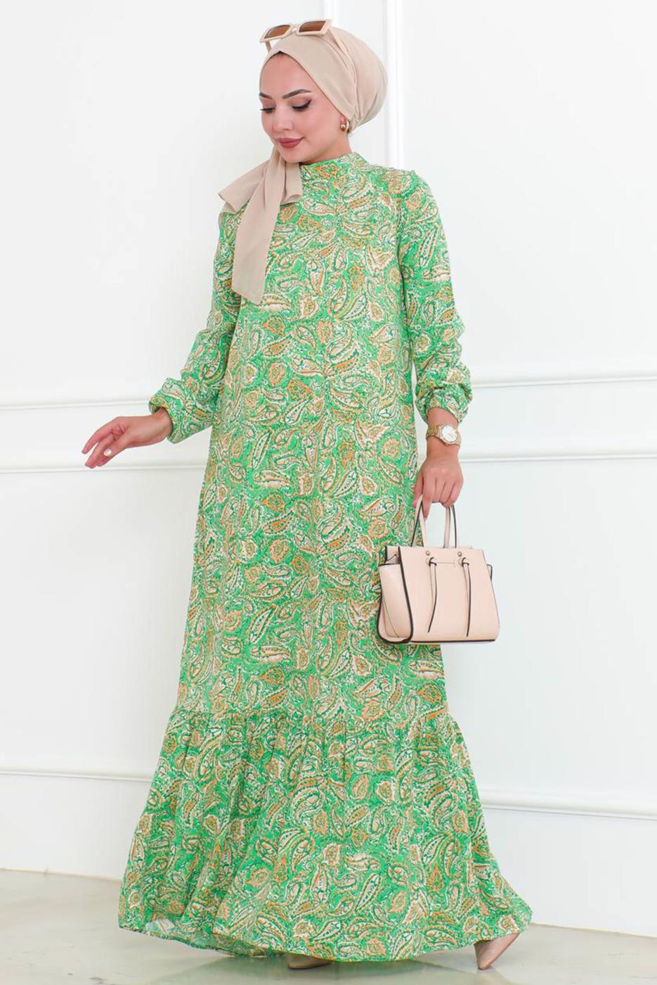 Tesettür giyim YEŞİL DESENLİ ELBİSE T 5678