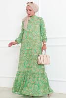 Tesettür giyim YEŞİL DESENLİ ELBİSE T 5678