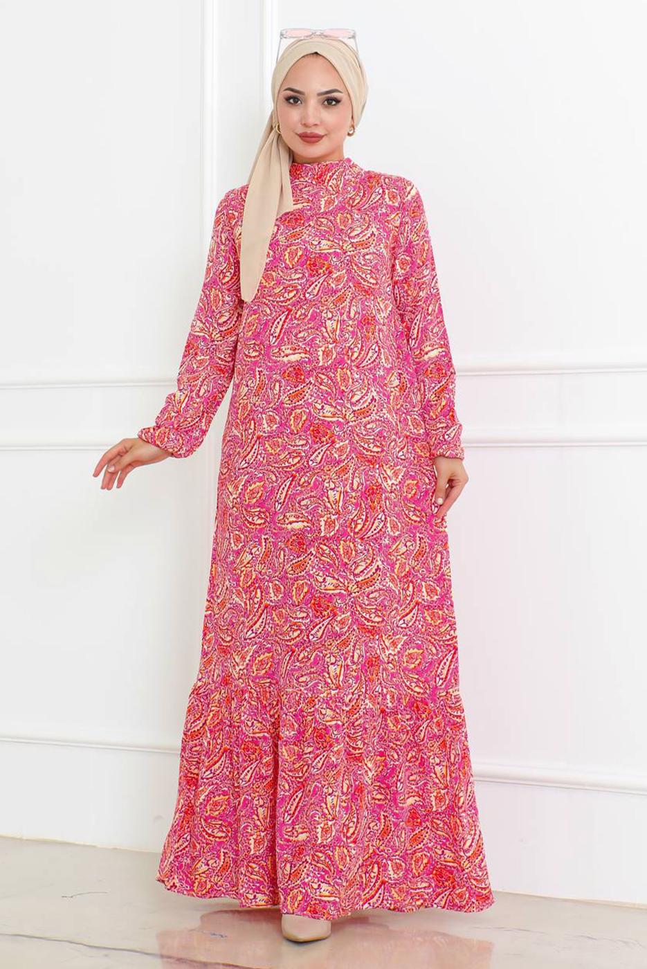 Tesettür giyim PEMBE DESENLİ ELBİSE T 5678
